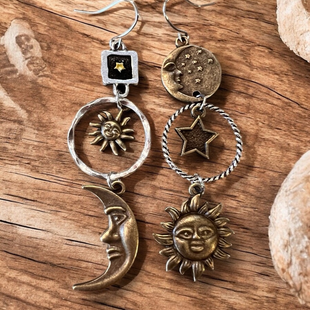 Boho Celestial Charm Earrings - Bronze and Silver toned Bohemian Boho Celestial
